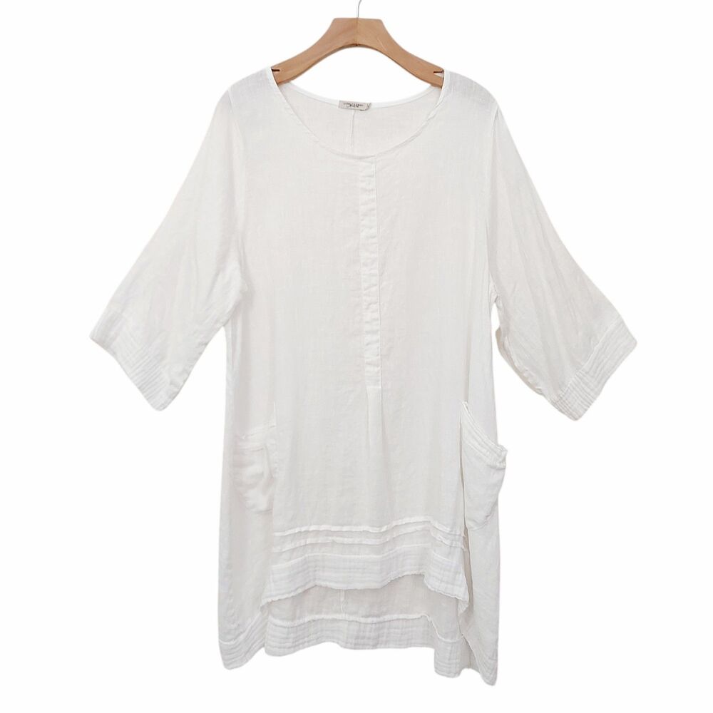 Lungo Larno Womens 1X White Dress Linen Long Sleeve Relaxed Fit Boho Beach